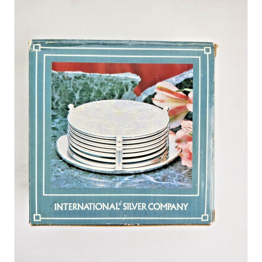 NIB 6 Silver-Plated Cup Coasters + Holder VTG 1991 International Silver Co